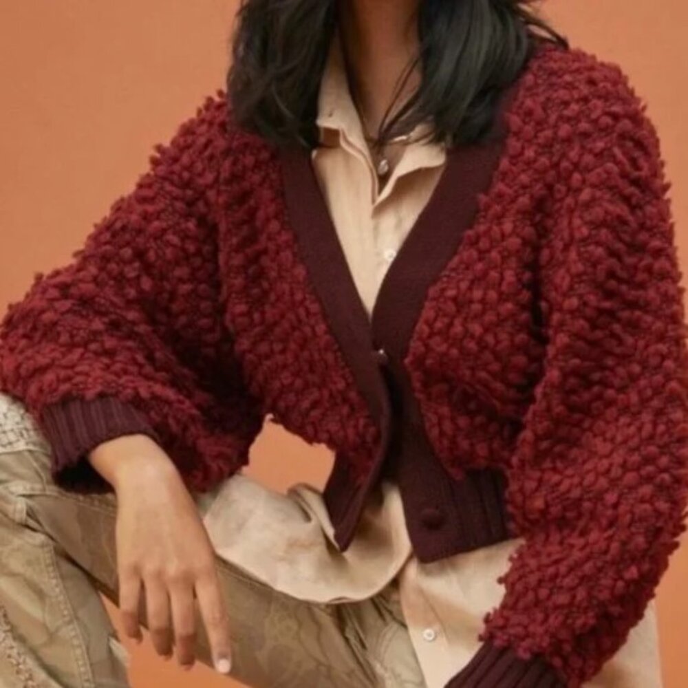 Celcilia Prado Anthropologie Cozy Raspberry Textured Cardigan Small